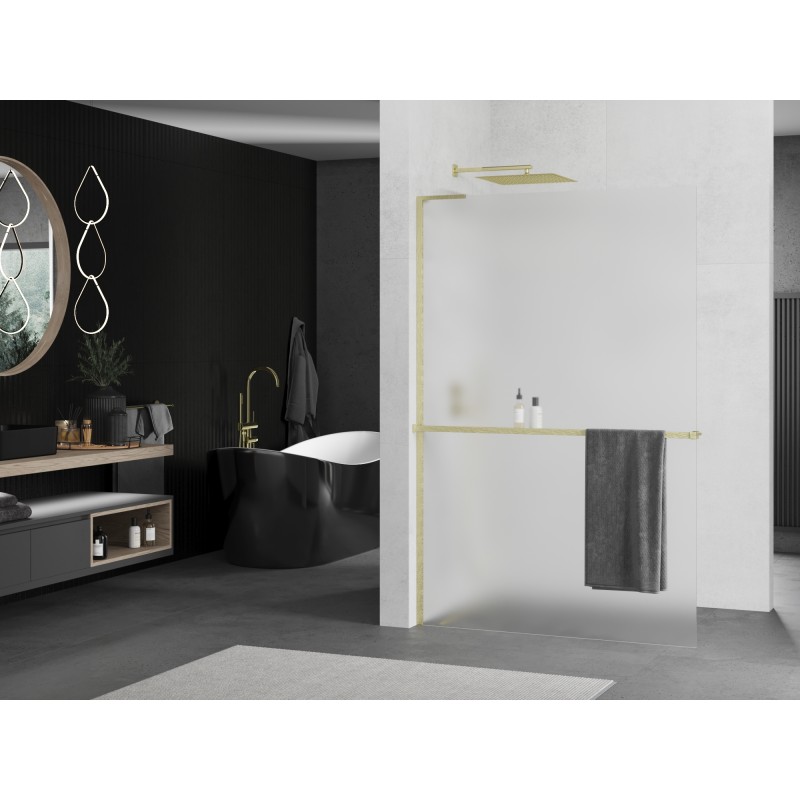 Mexen Kioto+ L Duschwand mit Regal Walk-in 90 x 200 cm, Frost, gebürstetes Gold - 800-090-123-55-30