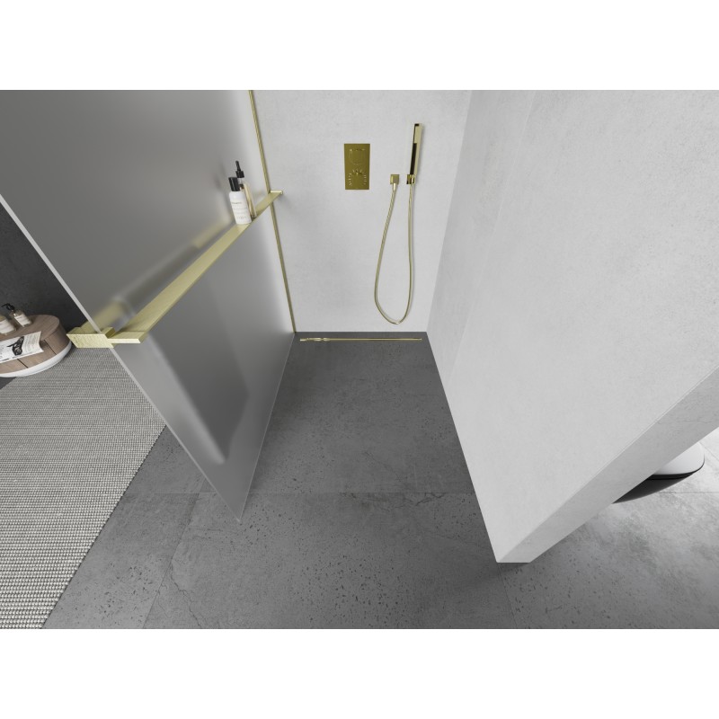 Mexen Kioto+ L Duschwand mit Regal Walk-in 110 x 200 cm, matt, gebürstetes Gold - 800-110-123-55-30