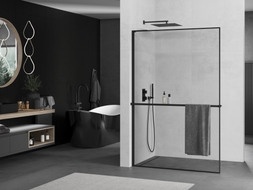 Mexen Kioto+ L Duschwand mit Ablage Walk-in 90 x 200 cm, schwarzer Rahmen, schwarz - 800-090-123-70-70