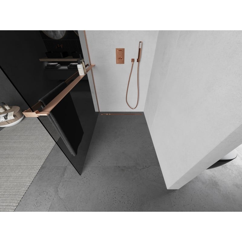 Mexen Kioto+ L Duschwand mit Ablage Walk-in 70 x 200 cm, Graphit, gebürstetes Kupfer - 800-070-123-65-40