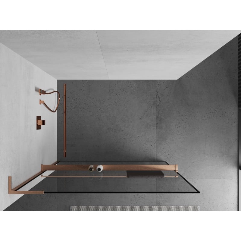 Mexen Kioto+ L Duschwand mit Ablage Walk-in 120 x 200 cm, schwarzer Rahmen, gebürstetes Kupfer - 800-120-123-65-70