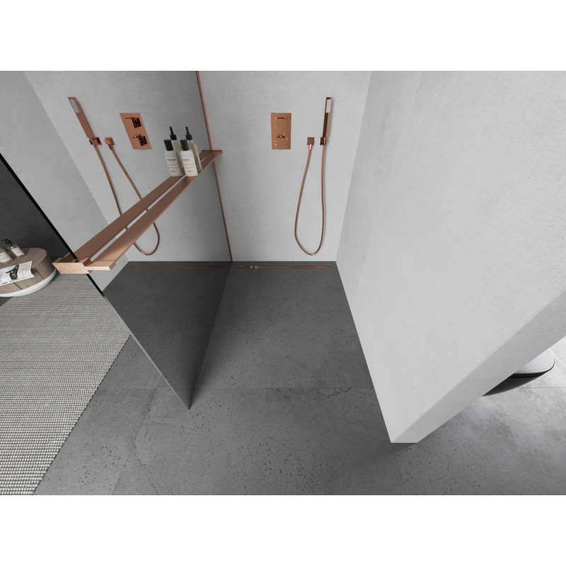 Mexen Kioto+ L Duschwand mit Regal Walk-in 100 x 200 cm, Spiegel, gebürstetes Kupfer - 800-100-123-65-50