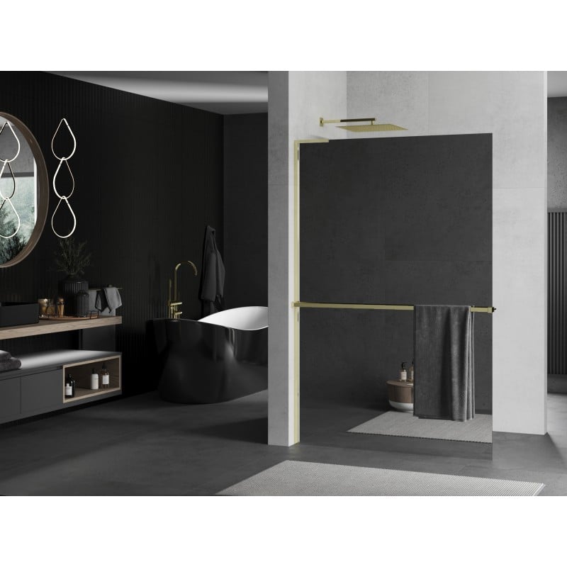 Mexen Kioto+ L Duschwand mit Ablage Walk-in 110 x 200 cm, Spiegel, Gold - 800-110-123-50-50