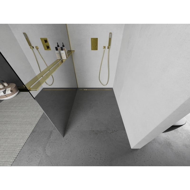 Mexen Kioto+ L Duschwand mit Regal Walk-in 120 x 200 cm, Spiegel, Gold - 800-120-123-50-50