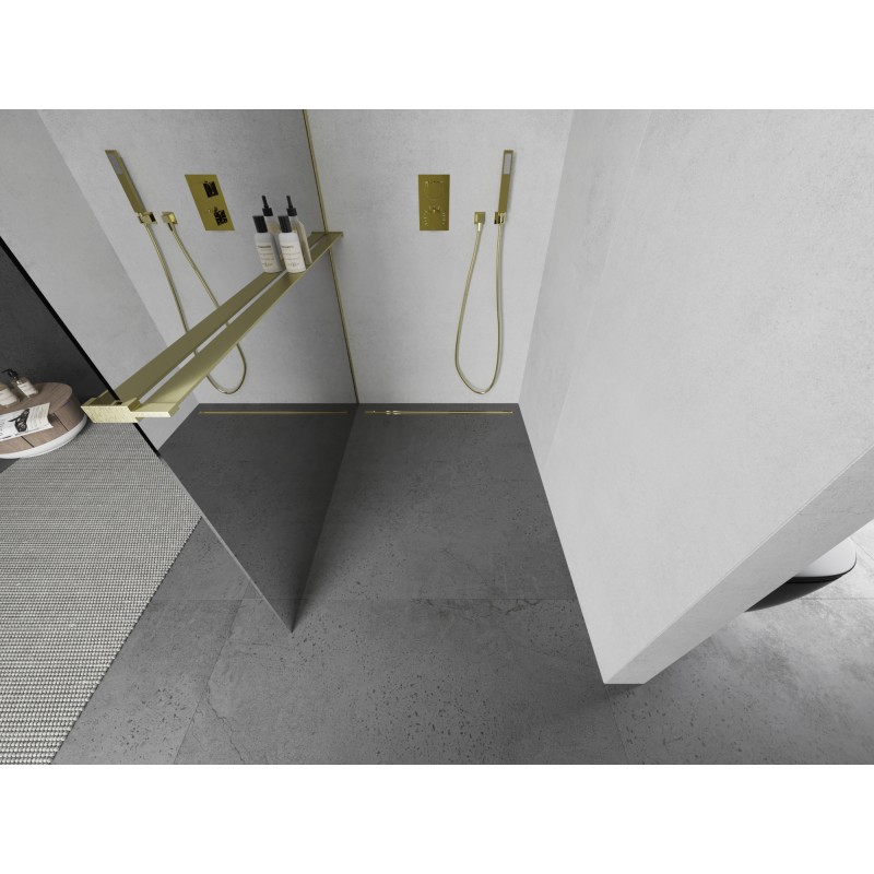 Mexen Kioto+ L Duschwand mit Regal Walk-in 90 x 200 cm, Spiegel, gebürstetes Gold - 800-090-123-55-50