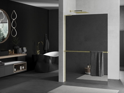 Mexen Kioto+ L Duschwand mit Regal Walk-in 90 x 200 cm, Spiegel, gebürstetes Gold - 800-090-123-55-50