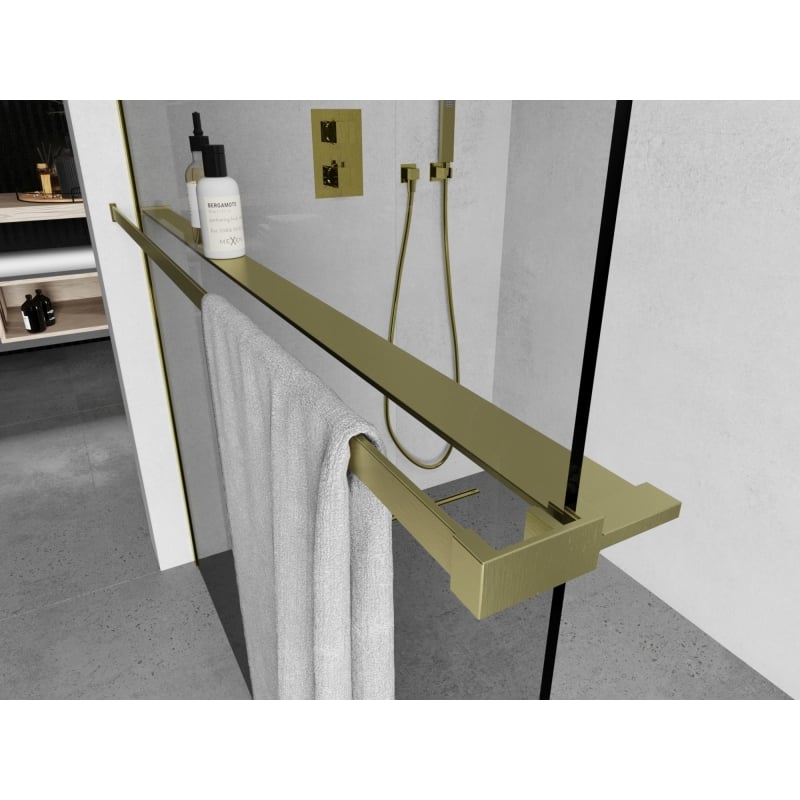 Mexen Kioto+ Duschablage für Duschwand mit Handtuchreling, gebürstetes Gold - 800-02-55
