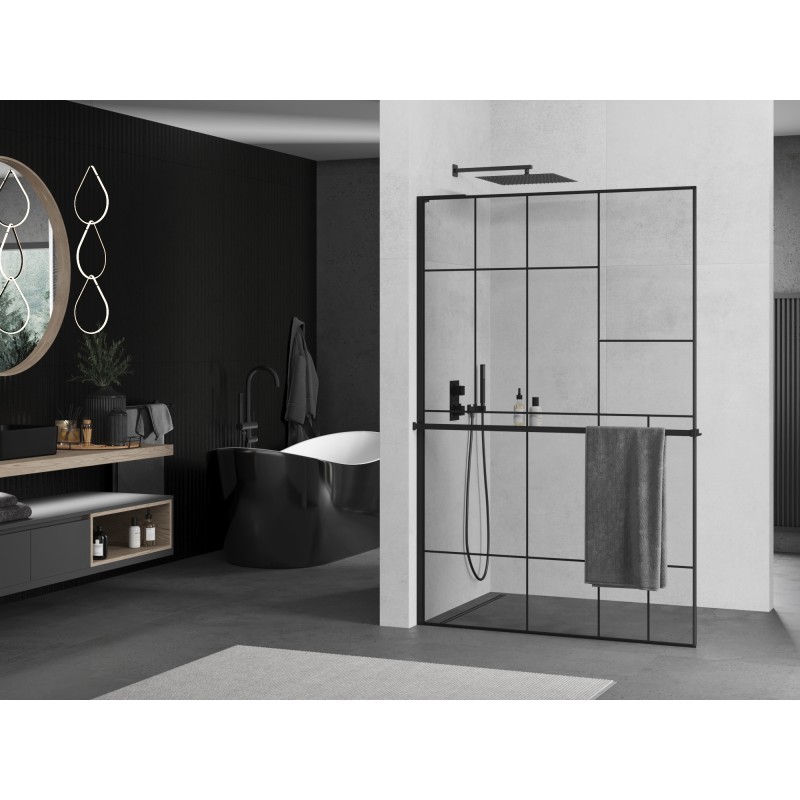 Mexen Kioto+ L Duschwand mit Ablage Walk-in 100 x 200 cm, schwarzes Muster, schwarz - 800-100-123-70-78