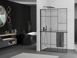 Mexen Kioto+ L Duschwand mit Ablage Walk-in 110 x 200 cm, schwarzes Muster, schwarz - 800-110-123-70-78
