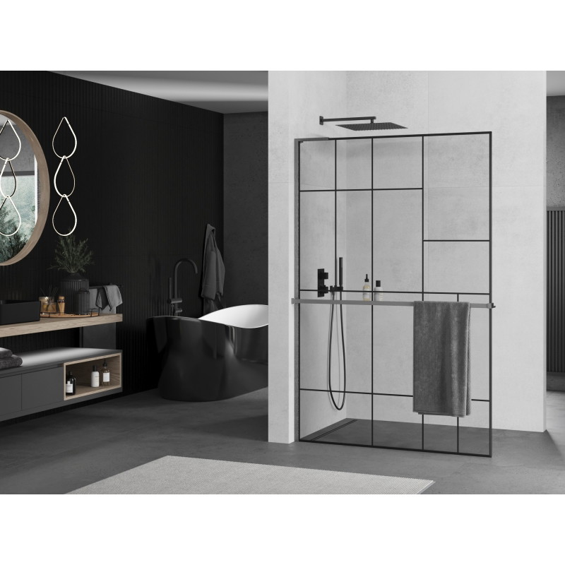Mexen Kioto+ L Duschwand mit Ablage Walk-in 100 x 200 cm, schwarzes Muster, gun gray gebürstet - 800-100-123-66-78