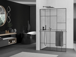 Mexen Kioto+ L Duschtrennwand mit Ablage Walk-in 120 x 200 cm, schwarzes Muster, Gun Metal - 800-120-123-95-78