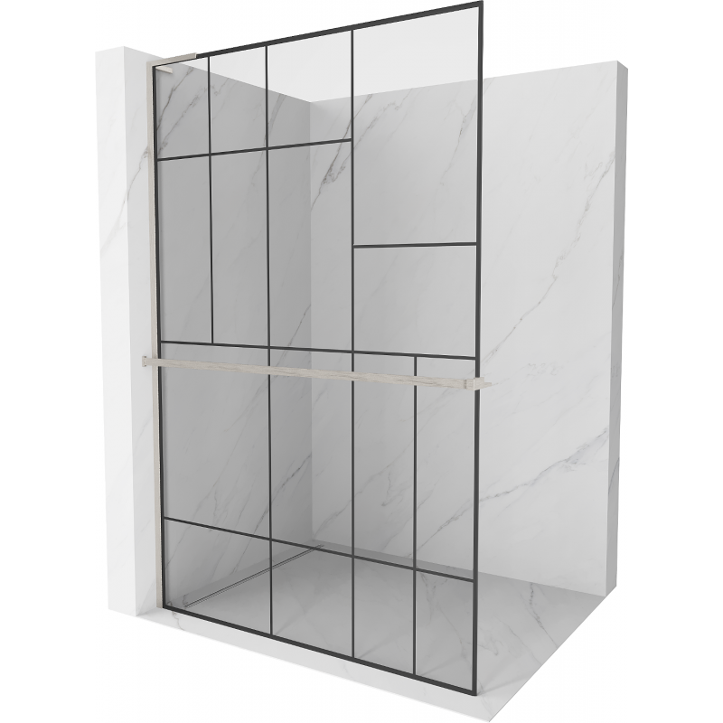 Mexen Kioto+ L Duschwand mit Ablage Walk-in 100 x 200 cm, schwarzes Muster, gebürsteter Nickel - 800-100-123-97-78
