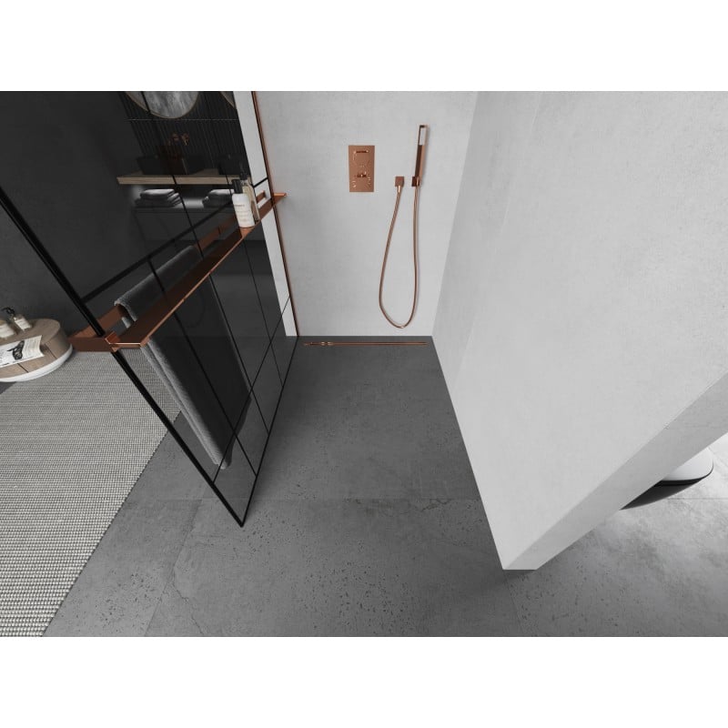 Mexen Kioto+ L Duschtrennwand mit Regal Walk-in 110 x 200 cm, schwarzes Muster, Roségold - 800-110-123-60-78