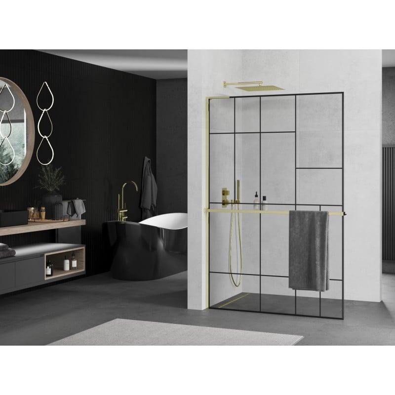 Mexen Kioto+ L Duschwand mit Regal Walk-in 70 x 200 cm, schwarzes Muster, Gold - 800-070-123-50-78