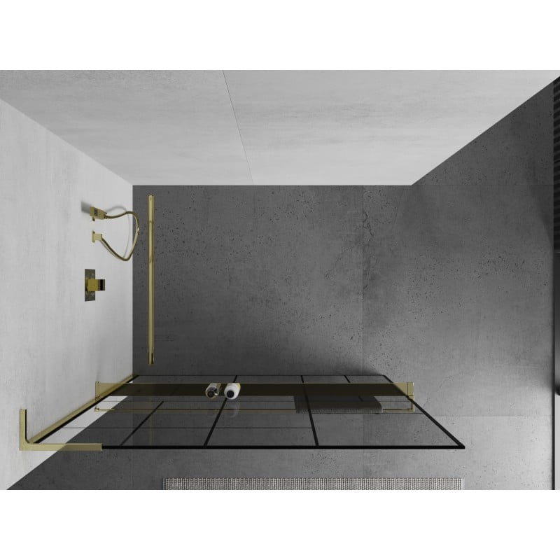 Mexen Kioto+ L Duschwand mit Regal Walk-in 110 x 200 cm, schwarzes Muster, Gold - 800-110-123-50-78