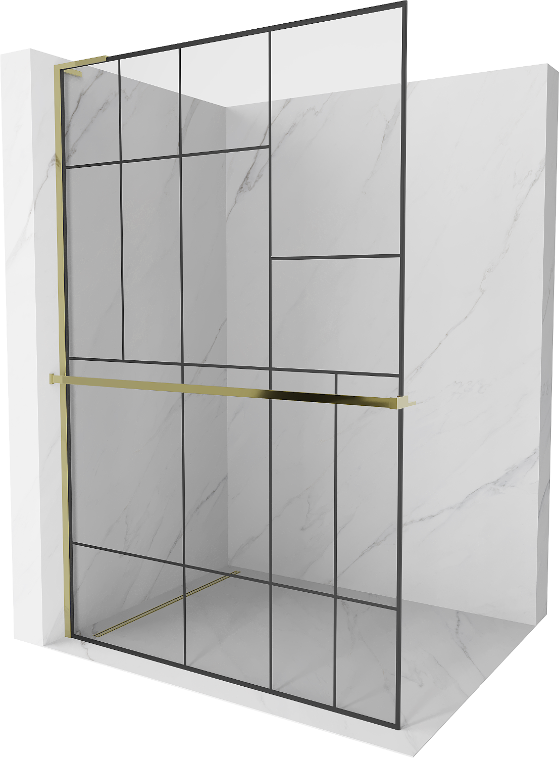 Mexen Kioto+ L Duschwand mit Regal Walk-in 120 x 200 cm, schwarzes Muster, gold