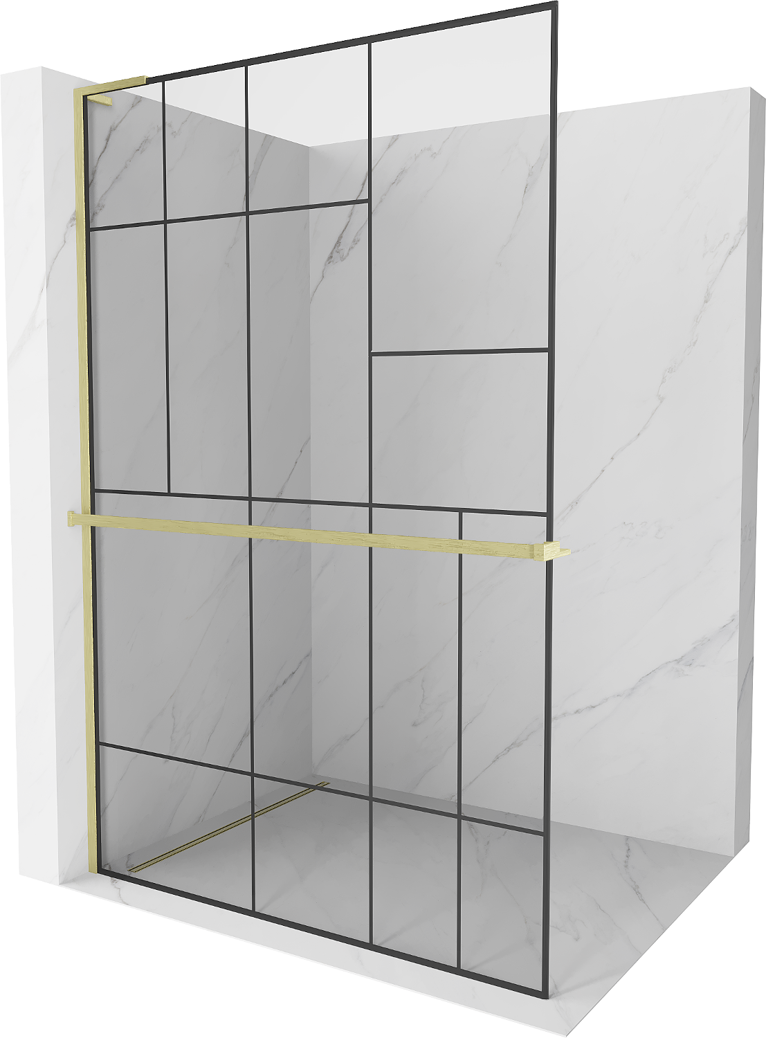 Mexen Kioto+ L Duschwand mit Regal Walk-in 70 x 200 cm, schwarzes Muster, gebürstetes Gold - 800-070-123-55-78