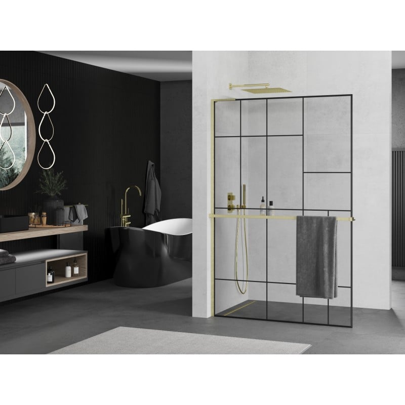 Mexen Kioto+ L Duschwand mit Ablage Walk-in 120 x 200 cm, schwarzes Muster, gebürstetes Gold - 800-120-123-55-78