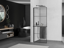 Mexen Kioto+ L Duschwand mit Ablage Walk-in 90 x 200 cm, schwarzes Gitter, schwarz - 800-090-123-70-77