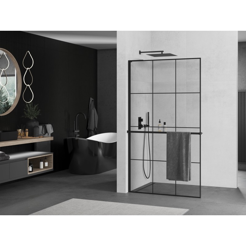 Mexen Kioto+ L Duschwand mit Ablage Walk-in 100 x 200 cm, schwarzes Gitter, schwarz - 800-100-123-70-77
