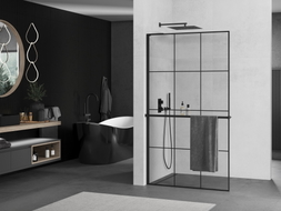 Mexen Kioto+ L Duschwand mit Regal Walk-in 120 x 200 cm, schwarzes Gitter, schwarz - 800-120-123-70-77