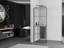 Mexen Kioto+ L Duschwand mit Ablage Walk-in 80 x 200 cm, schwarzes Gitter, Gun Gray gebürstet - 800-080-123-66-77