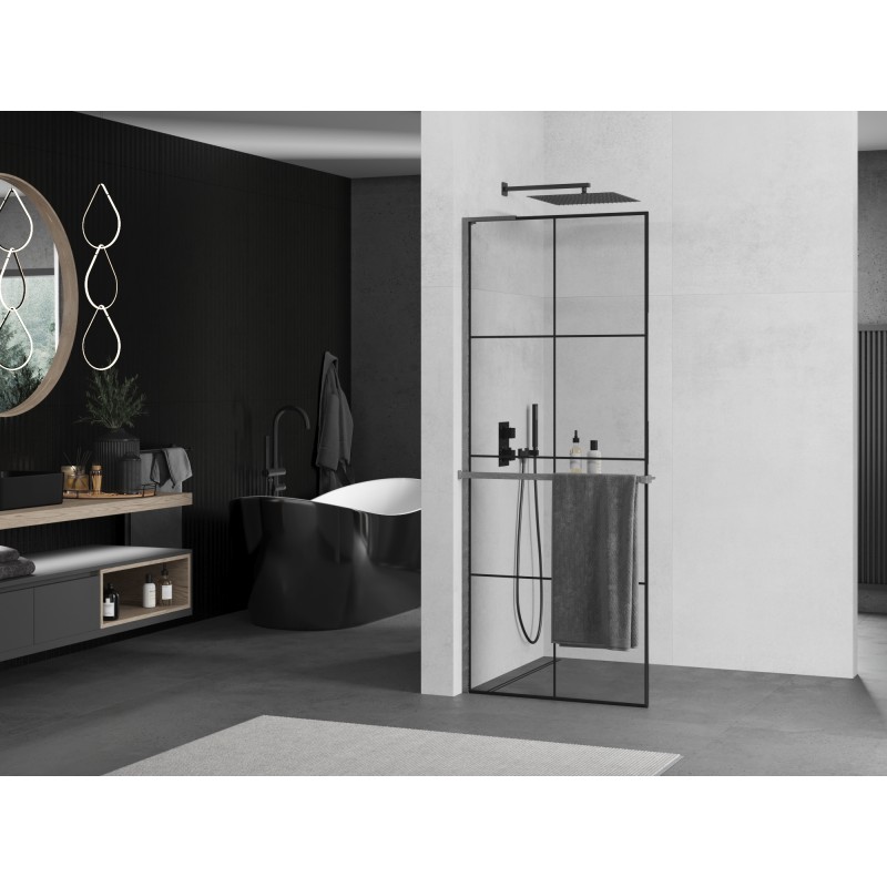 Mexen Kioto+ L Duschwand mit Ablage Walk-in 90 x 200 cm, schwarzes Raster, gebürstetes Gun Gray - 800-090-123-66-77