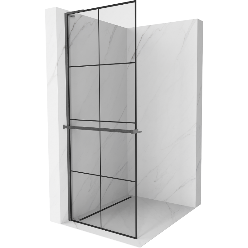 Mexen Kioto+ L Duschwand mit Ablage Walk-in 90 x 200 cm, schwarzes Raster, gebürstetes Gun Gray - 800-090-123-66-77