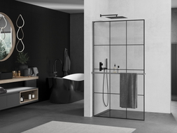 Mexen Kioto+ L Duschwand mit Ablage Walk-in 100 x 200 cm, schwarzes Gitter, gebürstetes Gun Gray - 800-100-123-66-77