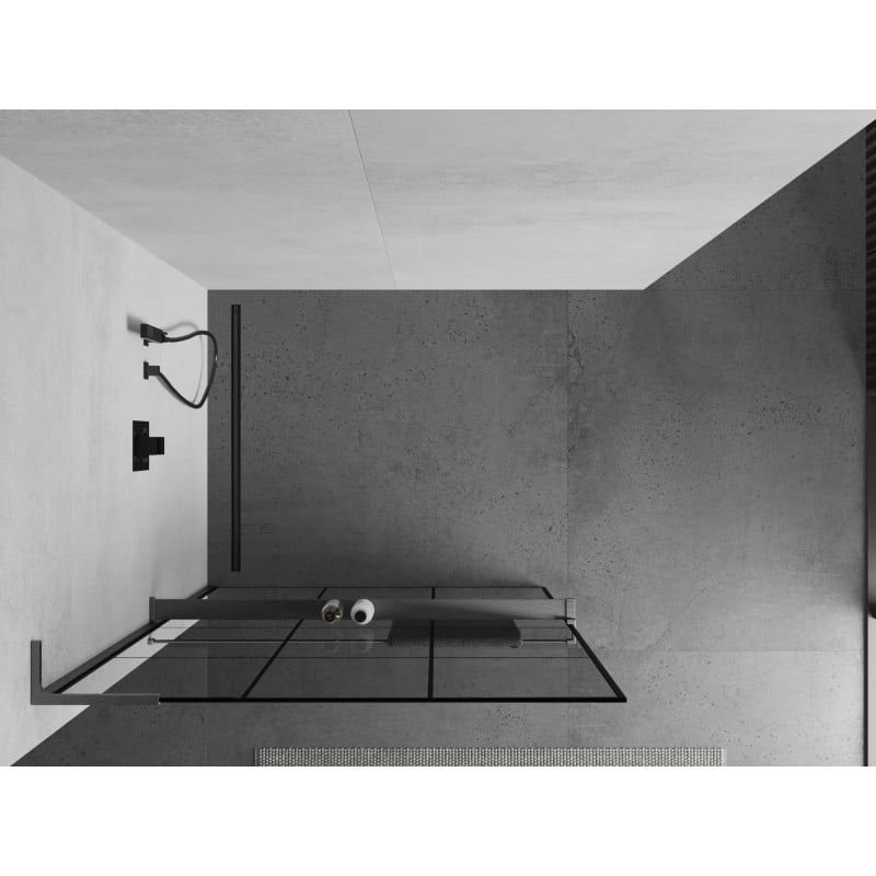 Mexen Kioto+ L Duschwand mit Ablage Walk-in 100 x 200 cm, schwarzes Gitter, gebürstetes Gun Gray - 800-100-123-66-77