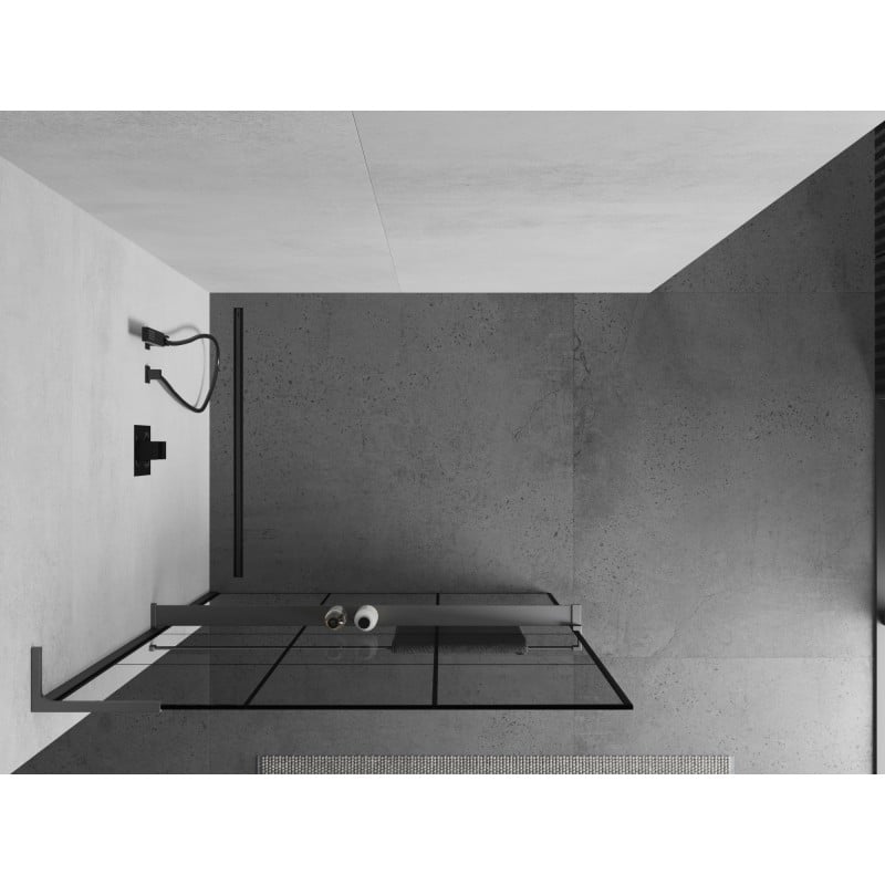 Mexen Kioto+ L Duschwand mit Regal Walk-in 100 x 200 cm, schwarzes Gitter, Gun Metal - 800-100-123-95-77