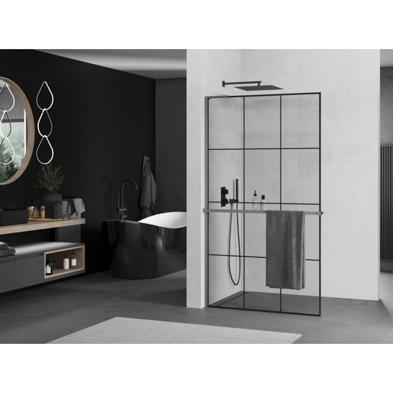 Mexen Kioto+ L Duschwand mit Regal Walk-in 120 x 200 cm, schwarzes Gitter, Gun Metal - 800-120-123-95-77