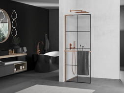 Mexen Kioto+ L Duschwand mit Regal Walk-in 70 x 200 cm, schwarzes Gitter, gebürstetes Kupfer - 800-070-123-65-77