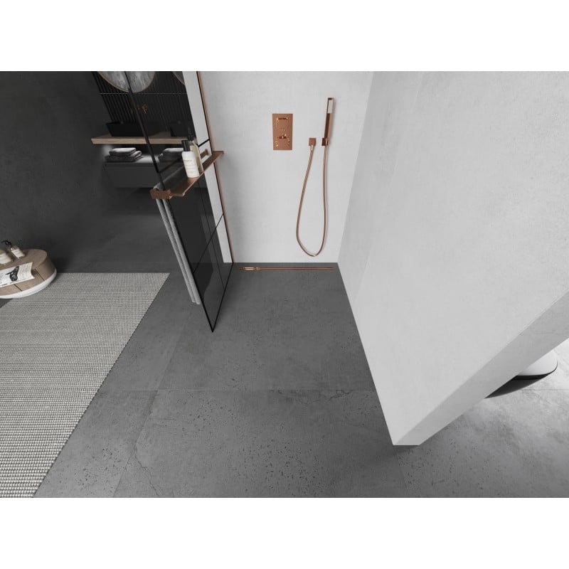 Mexen Kioto+ L Duschwand mit Regal Walk-in 80 x 200 cm, schwarzes Gitter, gebürstetes Kupfer - 800-080-123-65-77