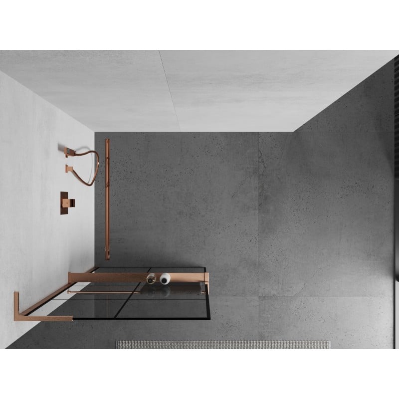Mexen Kioto+ L Duschwand mit Regal Walk-in 80 x 200 cm, schwarzes Gitter, gebürstetes Kupfer - 800-080-123-65-77