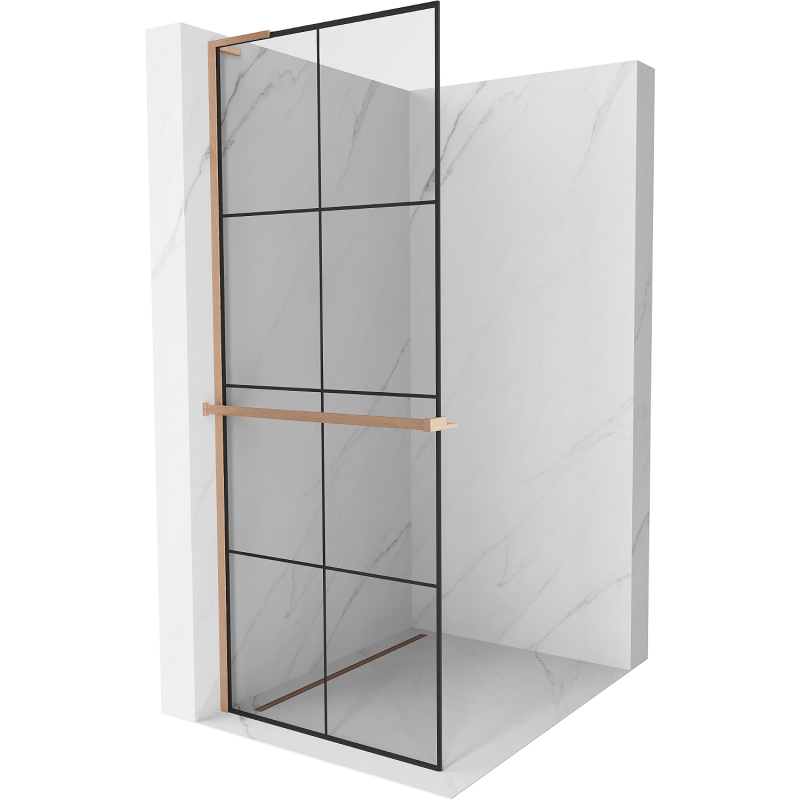 Mexen Kioto+ L Duschwand mit Regal, Walk-in 90 x 200 cm, schwarzes Gitter, gebürstetes Kupfer - 800-090-123-65-77