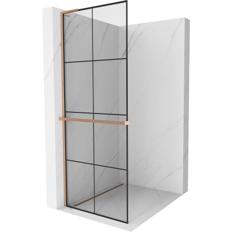 Mexen Kioto+ L Duschwand mit Regal, Walk-in 90 x 200 cm, schwarzes Gitter, gebürstetes Kupfer - 800-090-123-65-77