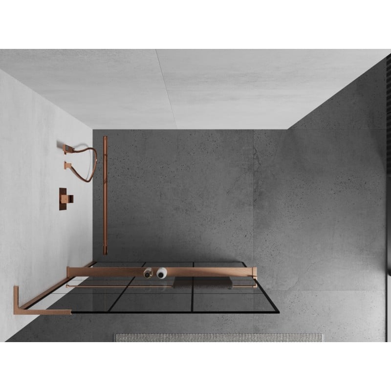 Mexen Kioto+ L Duschwand mit Regal Walk-in 100 x 200 cm, schwarzes Gitter, gebürstetes Kupfer - 800-100-123-65-77