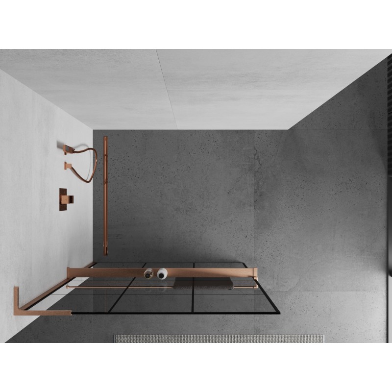 Mexen Kioto+ L Duschwand mit Ablage Walk-in 110 x 200 cm, schwarzes Gitter, gebürstetes Kupfer - 800-110-123-65-77
