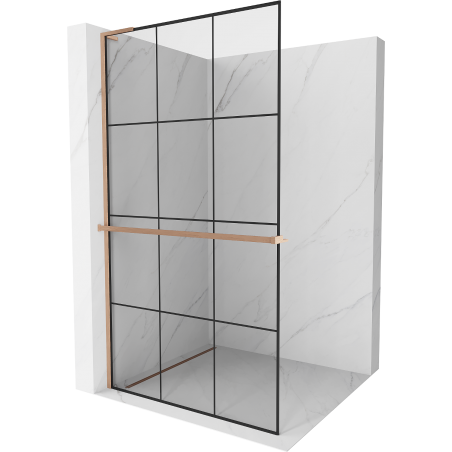 Mexen Kioto+ L Duschwand mit Ablage Walk-in 110 x 200 cm, schwarzes Gitter, gebürstetes Kupfer - 800-110-123-65-77