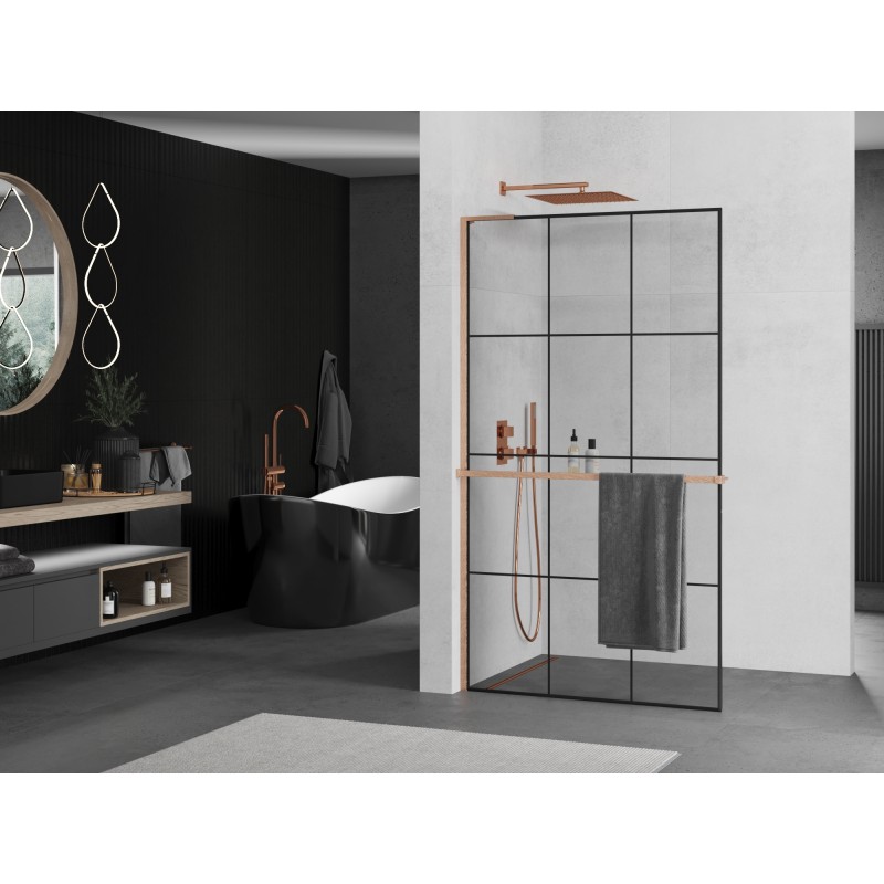 Mexen Kioto+ L Duschwand mit Regal Walk-in 120 x 200 cm, schwarzes Gitter, gebürstetes Kupfer - 800-120-123-65-77