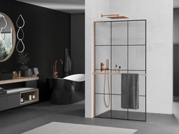 Mexen Kioto+ L Duschwand mit Regal Walk-in 120 x 200 cm, schwarzes Gitter, gebürstetes Kupfer - 800-120-123-65-77