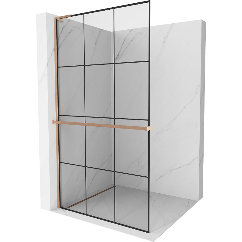 Mexen Kioto+ L Duschwand mit Regal Walk-in 120 x 200 cm, schwarzes Gitter, gebürstetes Kupfer - 800-120-123-65-77
