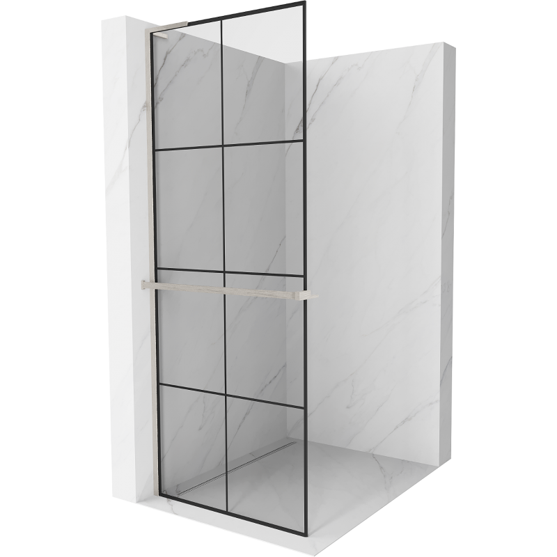 Mexen Kioto+ L Duschwand mit Regal Walk-in 70 x 200 cm, schwarzes Gitter, gebürsteter Nickel - 800-070-123-97-77