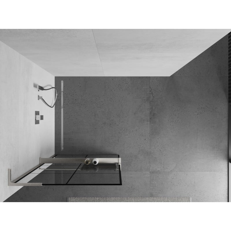 Mexen Kioto+ L Duschwand mit Ablage Walk-in 90 x 200 cm, schwarzes Gitter, gebürstetes Nickel - 800-090-123-97-77