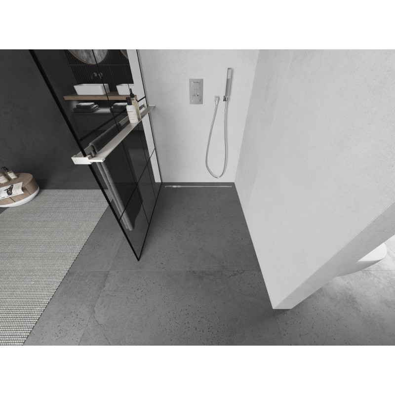 Mexen Kioto+ L Duschwand mit Regal Walk-in 100 x 200 cm, schwarzes Gitter, gebürstetes Nickel - 800-100-123-97-77