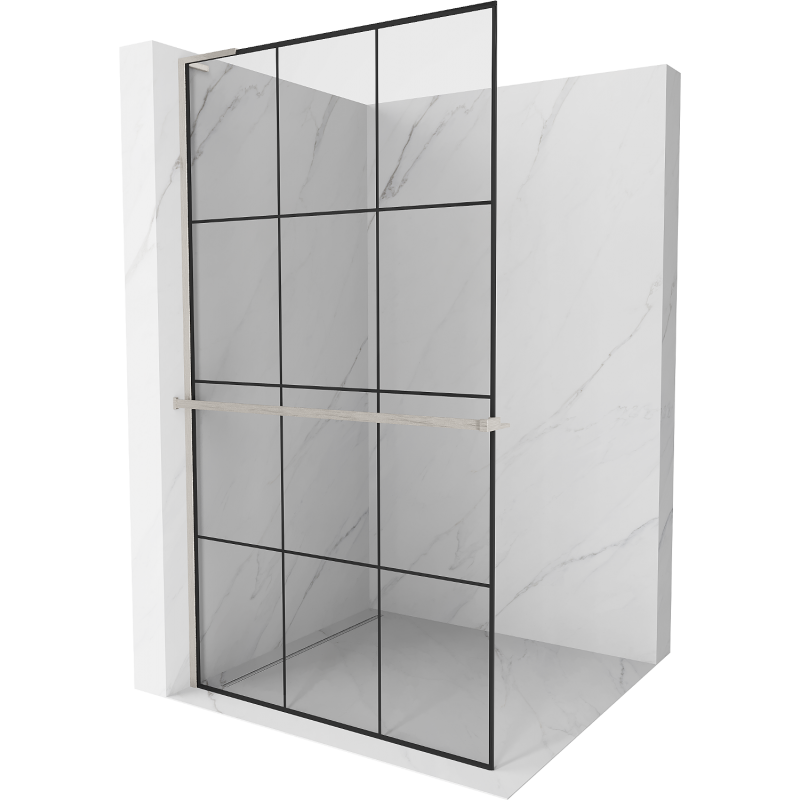 Mexen Kioto+ L Duschwand mit Ablage Walk-in 110 x 200 cm, schwarzes Gitter, gebürsteter Nickel - 800-110-123-97-77