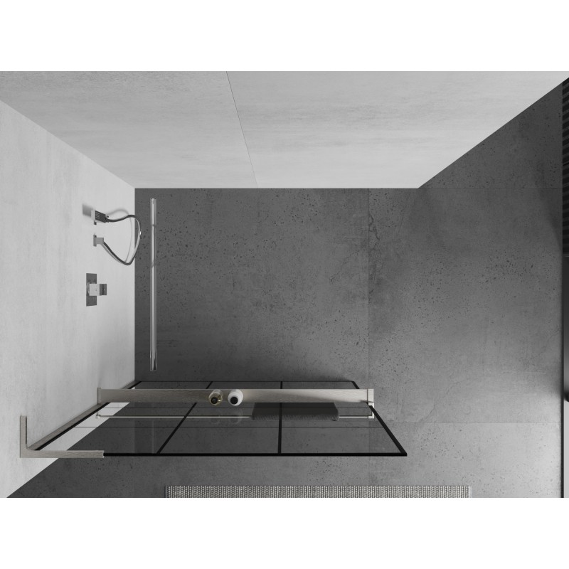 Mexen Kioto+ L Duschwand mit Ablage Walk-in 110 x 200 cm, schwarzes Gitter, gebürsteter Nickel - 800-110-123-97-77