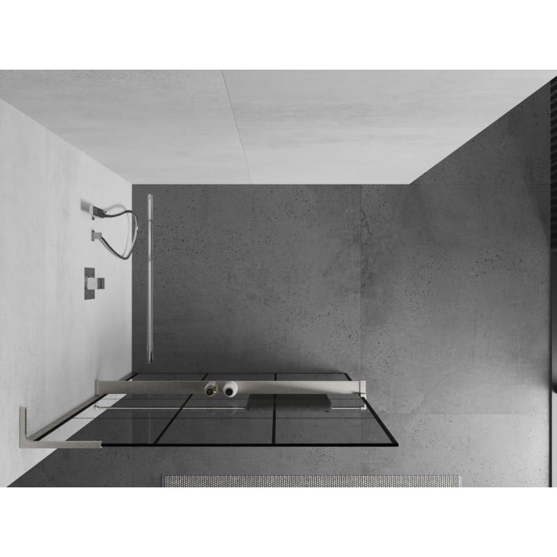 Mexen Kioto+ L Duschwand mit Ablage Walk-in 120 x 200 cm, schwarzes Gitter, gebürsteter Nickel - 800-120-123-97-77