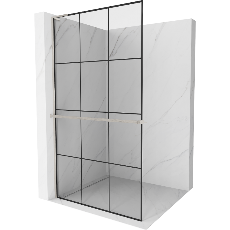 Mexen Kioto+ L Duschwand mit Ablage Walk-in 120 x 200 cm, schwarzes Gitter, gebürsteter Nickel - 800-120-123-97-77